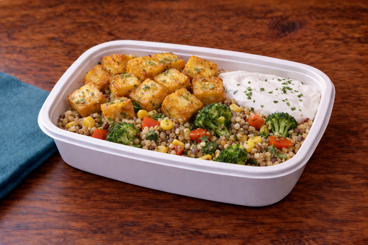 Quinoa-Lentil Stir-Fry with Crispy Garlic Tofu