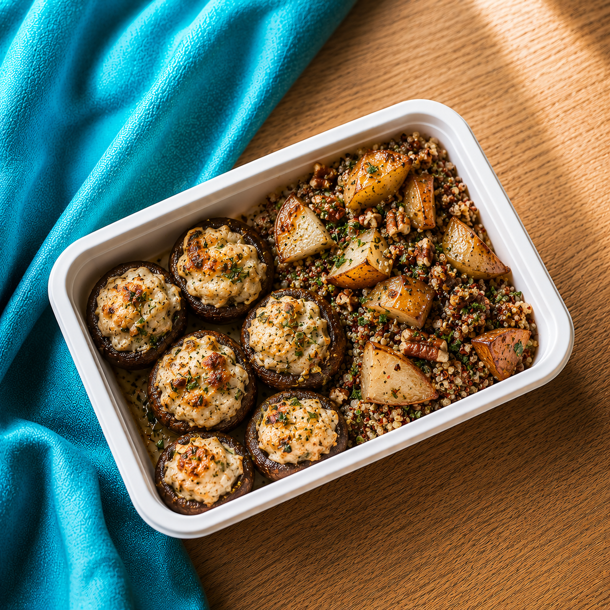 Cream Cheese Stuffed Mushrooms with Roasted Pear Quinoa Salad