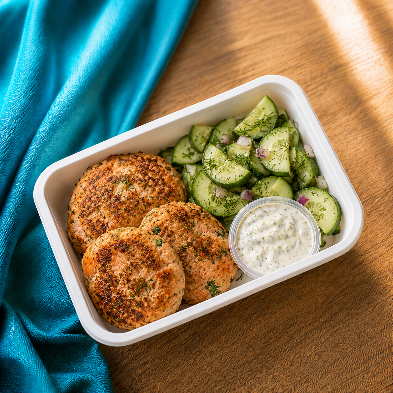 Salmon Cakes with Lemon- Dill Cucumber Salad
