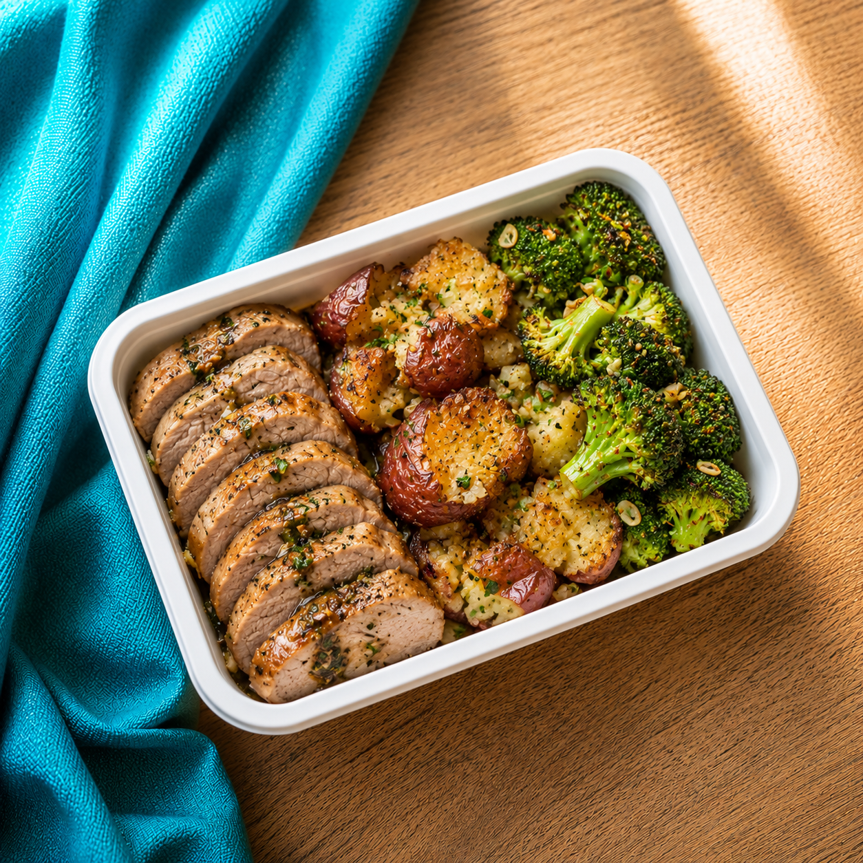 Pork Tenderloin with Smashed Red Potatoes & Sautéed Broccoli