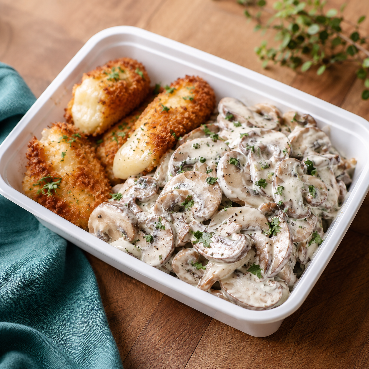 Crispy Mozzarella with Creamy Mushroom Salad
